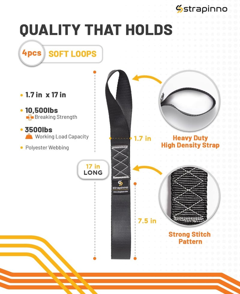Strapinno 4pcs. Soft Loop Tie-Down Straps -1.7 in. x 17 in. Straps with 10,500lbs Breaking Strength and 3,500lbs Working Load Limit Each, Ideal for Securing ATV, UTV, Vehicles, and Other Equipment - Image 2